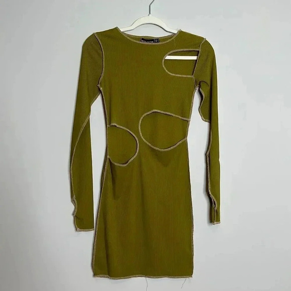 Pretty Little Things Olive Ribbed Contrast Stitch Cut Out Long Sleeve Dress - Picture 5 of 12
